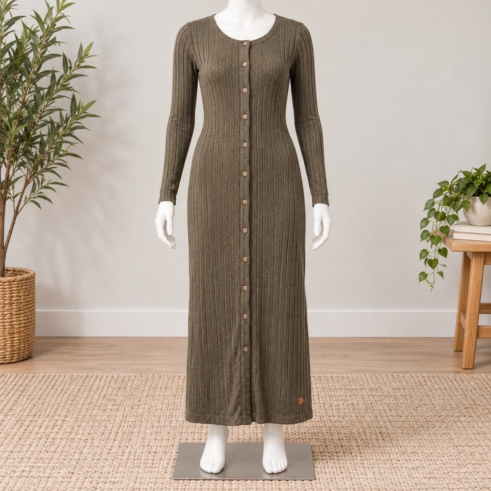 Superdry Button Front Ribbed Knit Dress Womens US 6 Olive Green Long Sleeve Midi